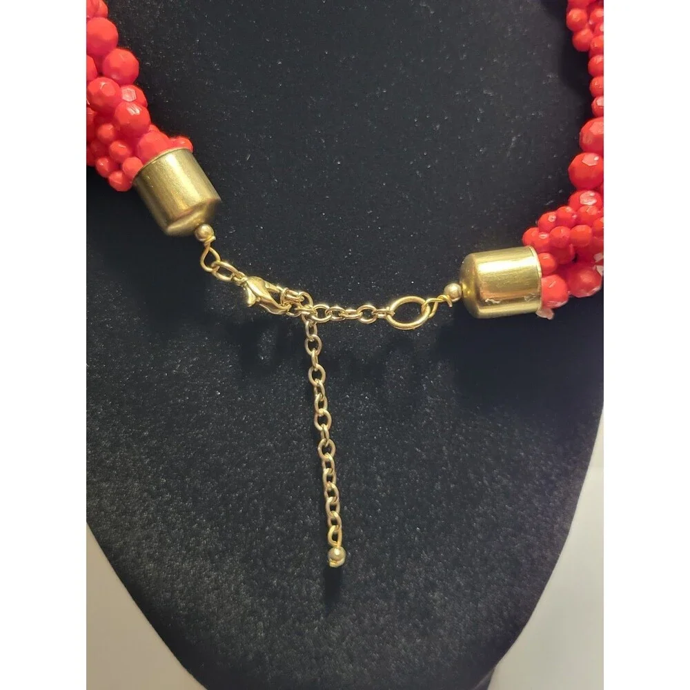 Chunky Red Statement Necklace Multi-Strand Faceted Beaded Bib Boho Festive